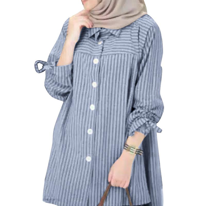 

ZANZEA Женская повседневная свободная полосатая блузка с отложным воротником и длинными рукавами L