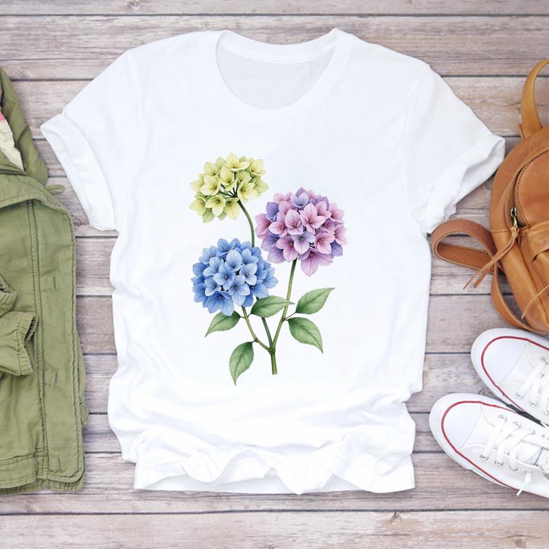 (Asian Size) Women Lovely Flower Trend Tee Top Clothing Casual  Short Sleeve T Shirt Fashion Print Lady Female Graphic T-shirts