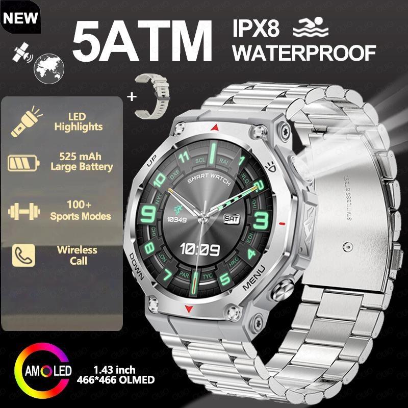 2026 New Flashlight-UV Light Smart Watch 5ATM Waterproof 1.43 Inch AMOLED Heart Rate 100 Sport Modes Bluetooth Call Smart Watch