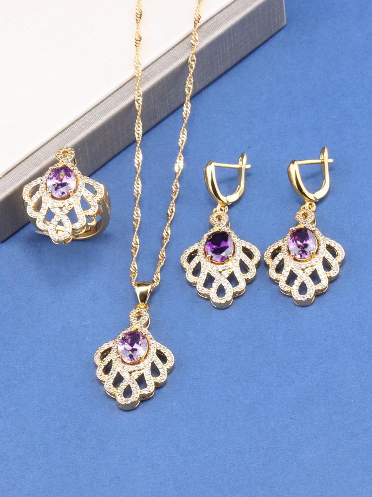 Unique  Gold Plated Wedding Accessories Big Jewelry Sets Colorful Zircon Bridal Necklace And Earrings Ring For Women Gift