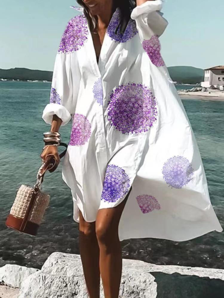 Trendy 3D Floral Print Lapel Long Sleeve Dress