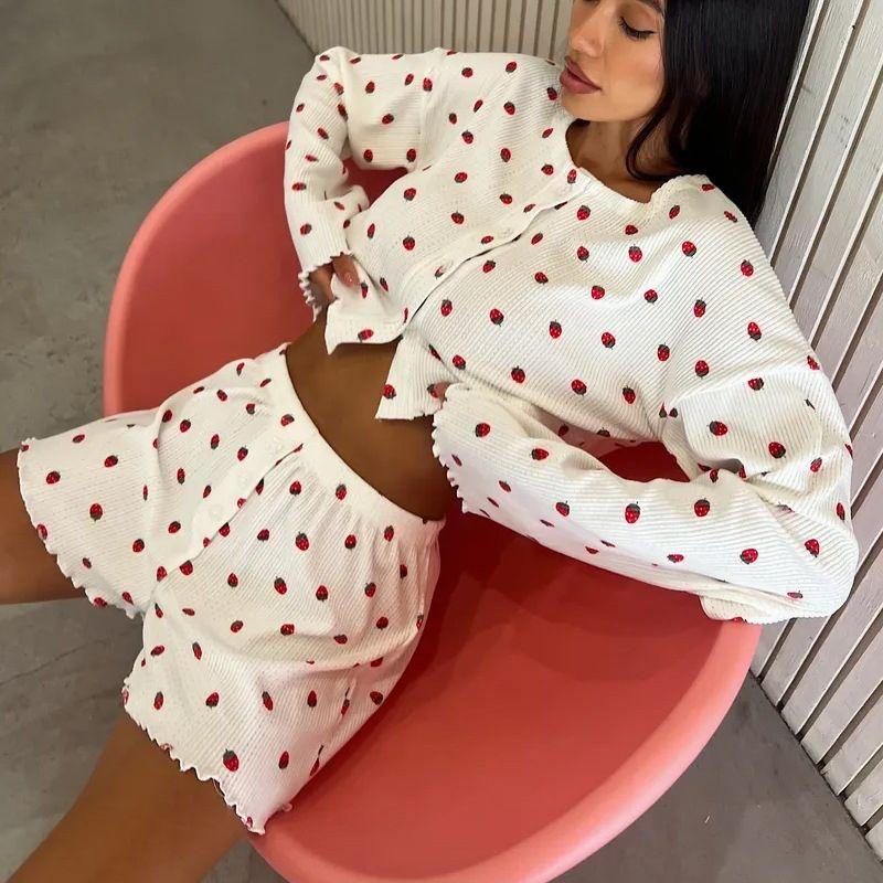 Western Style New Fashion Casual Loose Print Long sleeve Top Shorts Set Top and Shorts Set