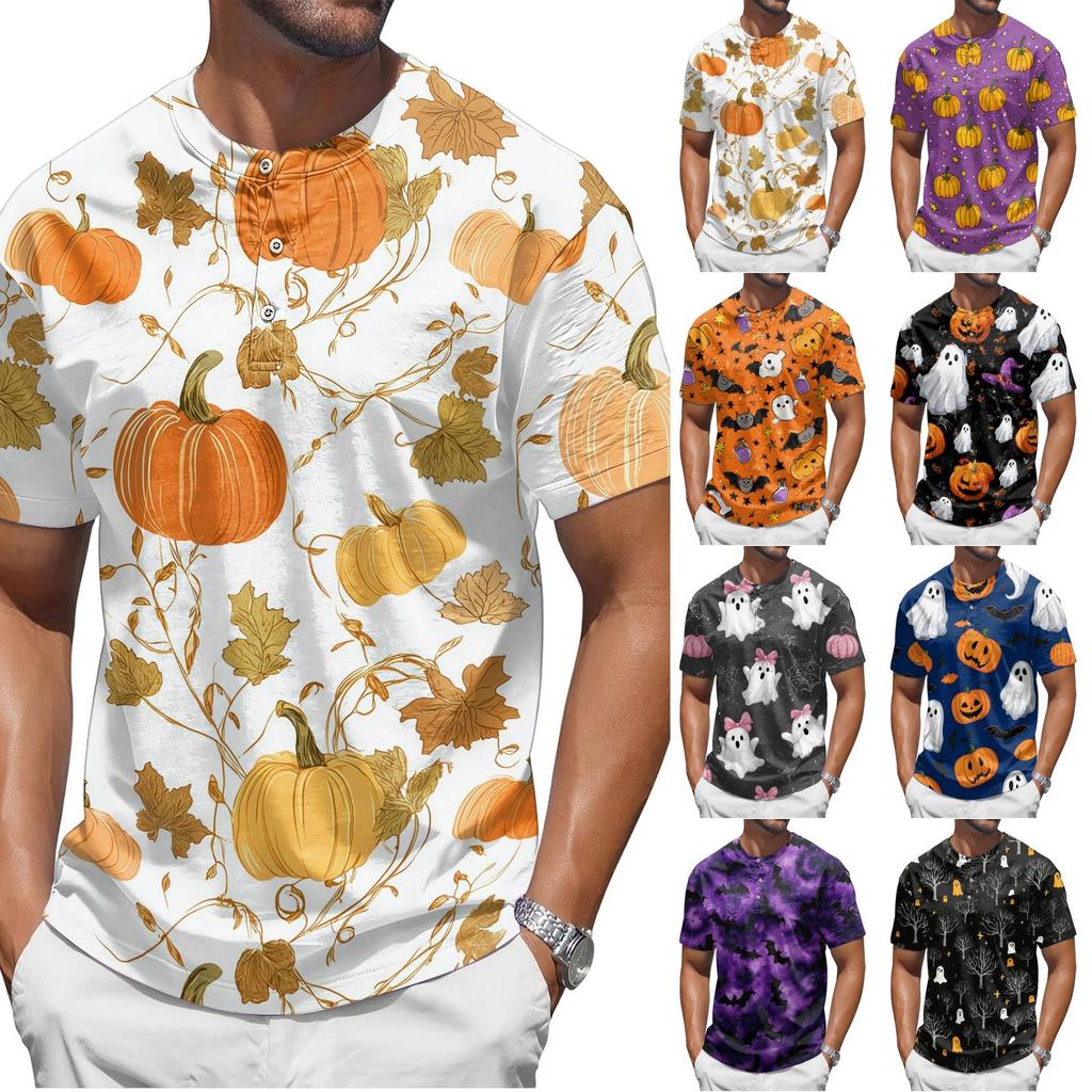 Men's Halloween Print Short Sleeve Henley Shirt Casual Button Up T-Shirt Lightweight Breathable Fabric for Everyday Wear