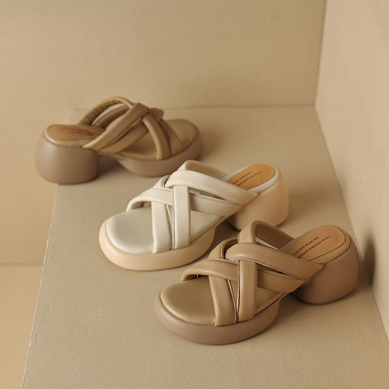 Krazing Pot Schaffell Pantoletten Peep Toe Blockabsätze Sommerschuhe Europäisches Design Plateau Wasserdicht Damen Sandalen