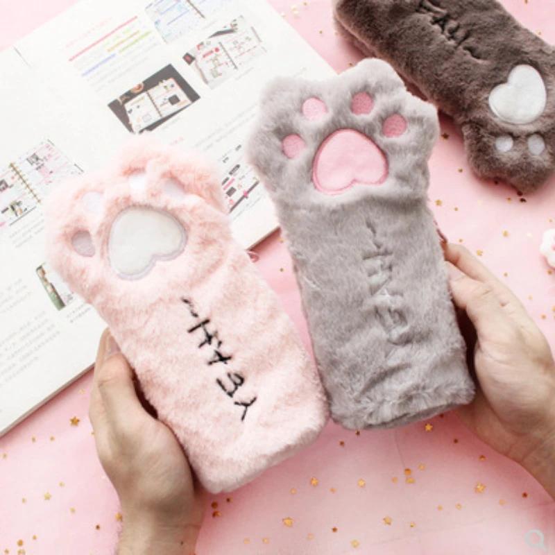 1 Pz Stile Autunno/Inverno Carino Zampa di Gatto Pelosa Astuccio di Peluche Kawaii Cancelleria per Studenti Borsa per Penne Forniture per il Rientro a Scuola per Ragazze