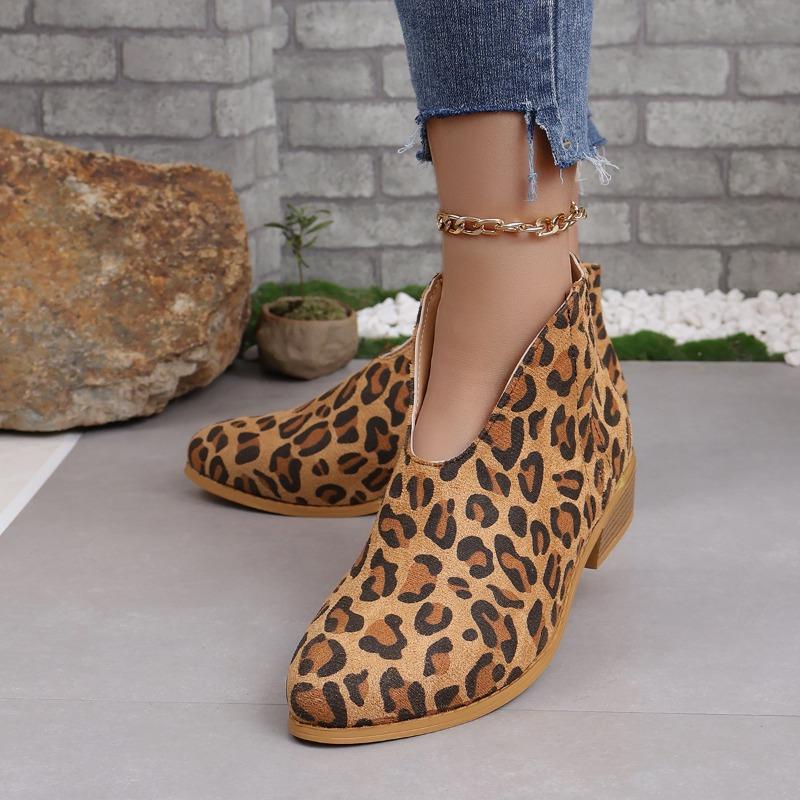 Evropské a americké Velké velikosti Silný podpatek Kulatá špička Leopardí potisk Krátké boty Dámské Tenké V-výstřih Plochá podrážka Jednobarevné Semišové Holé boty