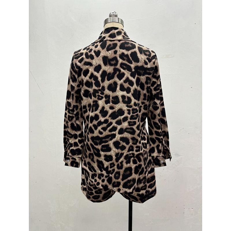 Sommer Europäischer und Amerikanischer Anzug Damen Leopardenmuster Langarm Strickjacke Hemd Damen Shorts Amazon Damen Zweiteiler