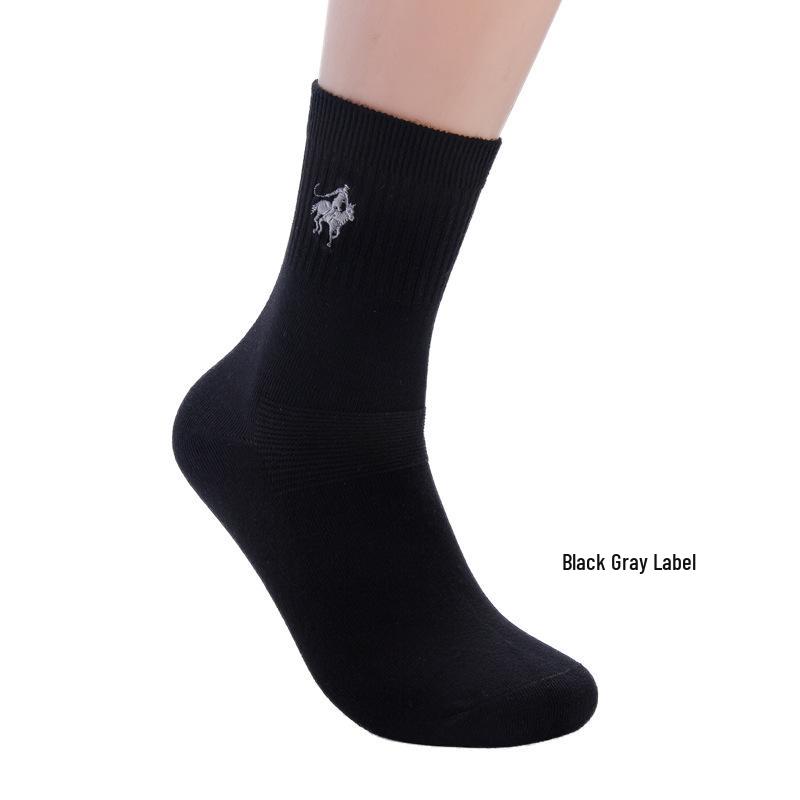 Pierpolo Men's Mid-Calf Double Needle Cotton Socks - Solid Color, Combed Cotton, Loose Fit, Embroidered Design for Autumn and Winter.
