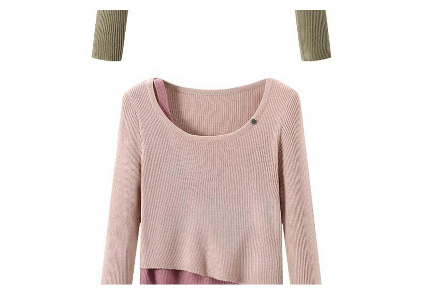 2026 Spring Women's Asymmetrical Patchwork Ribbed Knit Sweater - Slimming Two-Piece Look