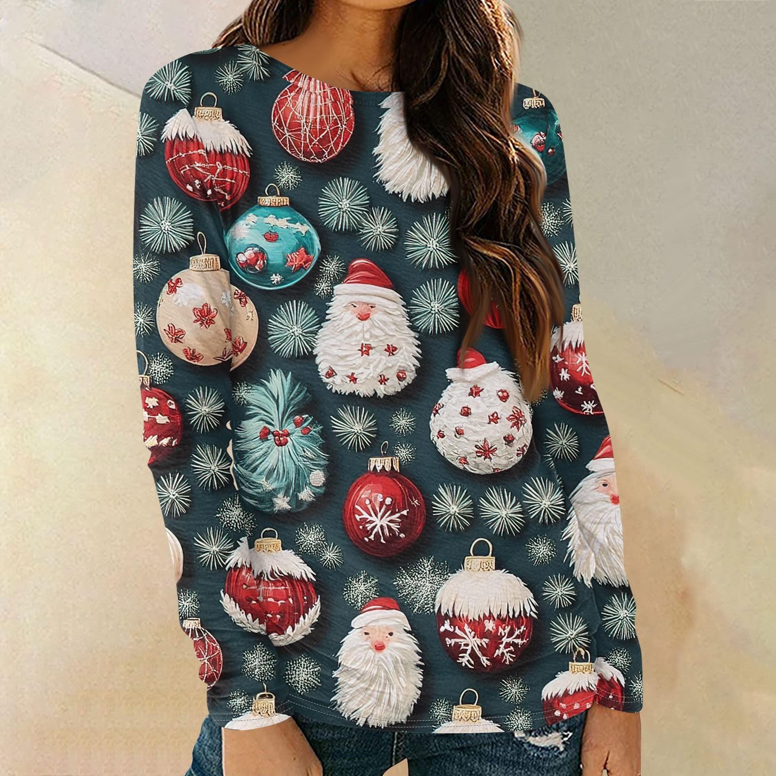 

Женские рубашки с длинным рукавом и круглым вырезом, повседневные топы, туники с рождественским принтом, свободные футболки XXL
