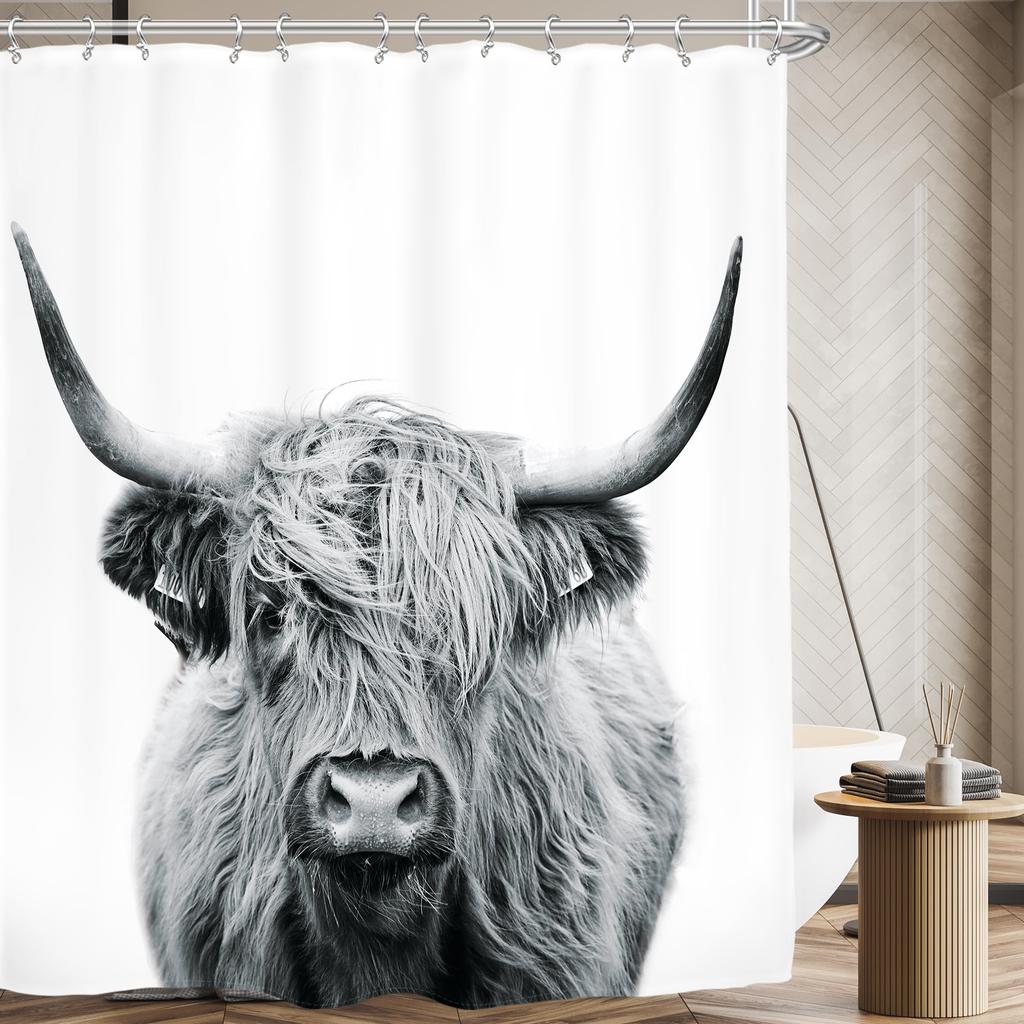Highland Cow Shower Curtain Rustic Bull Western Farmhouse Cattle Country Restroom Accessories Funny Farm Animal Bathroom Decor