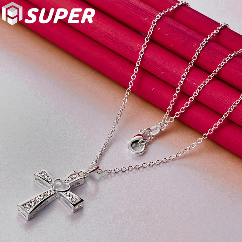 925 Sterling Silver 18 Inch Chain Cross AAA Zircon Heart Necklace Jewelry