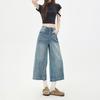 Fashion Pear Shaped Figure Friendly Ice Crack Loose Wide Leg Straight Cropped Capri Denim Pants For Women Trendy Versatile Slimming Hip Cover Design