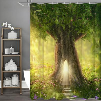 Forest Tree Hole Shower Curtain, Bathroom Decorative Shower Curtain, Waterproof Shower Curtain with Hooks