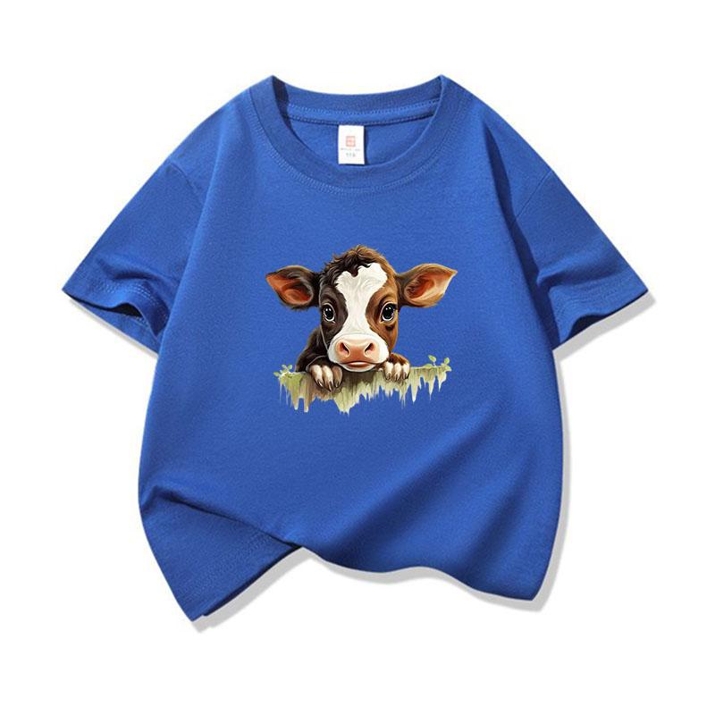 Kids Cotton T Shirt Cute Baby Cow Peeking Over Grass Print Crew Neck Short Sleeve Tee Casual Boys Girls Summer Tops