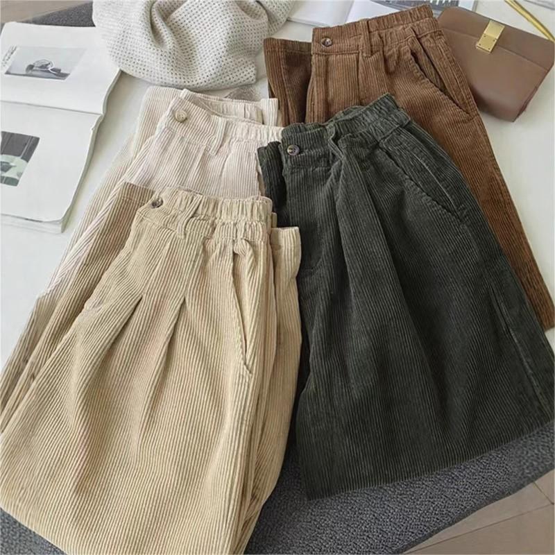Johnature Einfache Damen Frühling Herbst Lockere Cordhosen Lässig Weitbein Gerade Elastische Taille Hose
