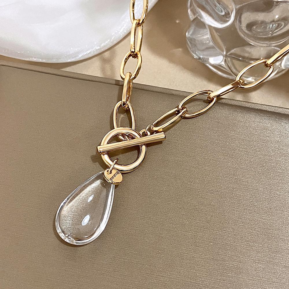 Flashbuy New Trendy Transparent Crystal Water Drop Pendant Necklace for Women Boho Gold Color Metal Chain Necklace Party Zircon