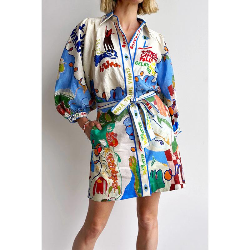 2024 Linen Casual Printed Shirt Cardigan Tie-Up Dress for Women – European & American Style Large