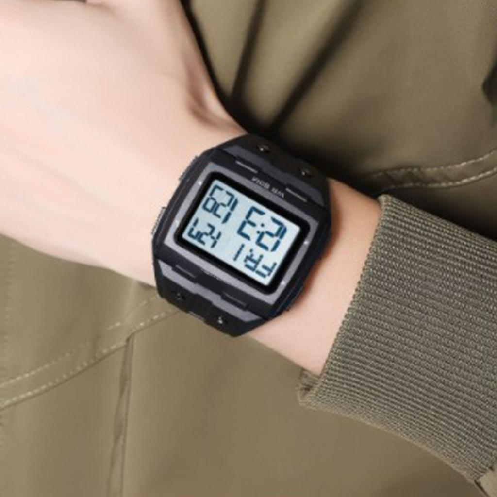 Digital Sports Watch Dual Time Display Night Light Adjustable TPR Band Outdoor Waterproof Watch for Men Women Black Silver