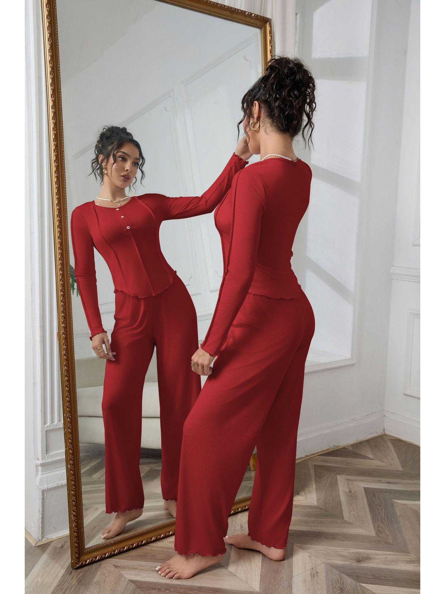 

Women’s Ribbed Knit Pajamas Set – Long Sleeve & Pants, Multi-color, Casual Fashion Extra Large червоний