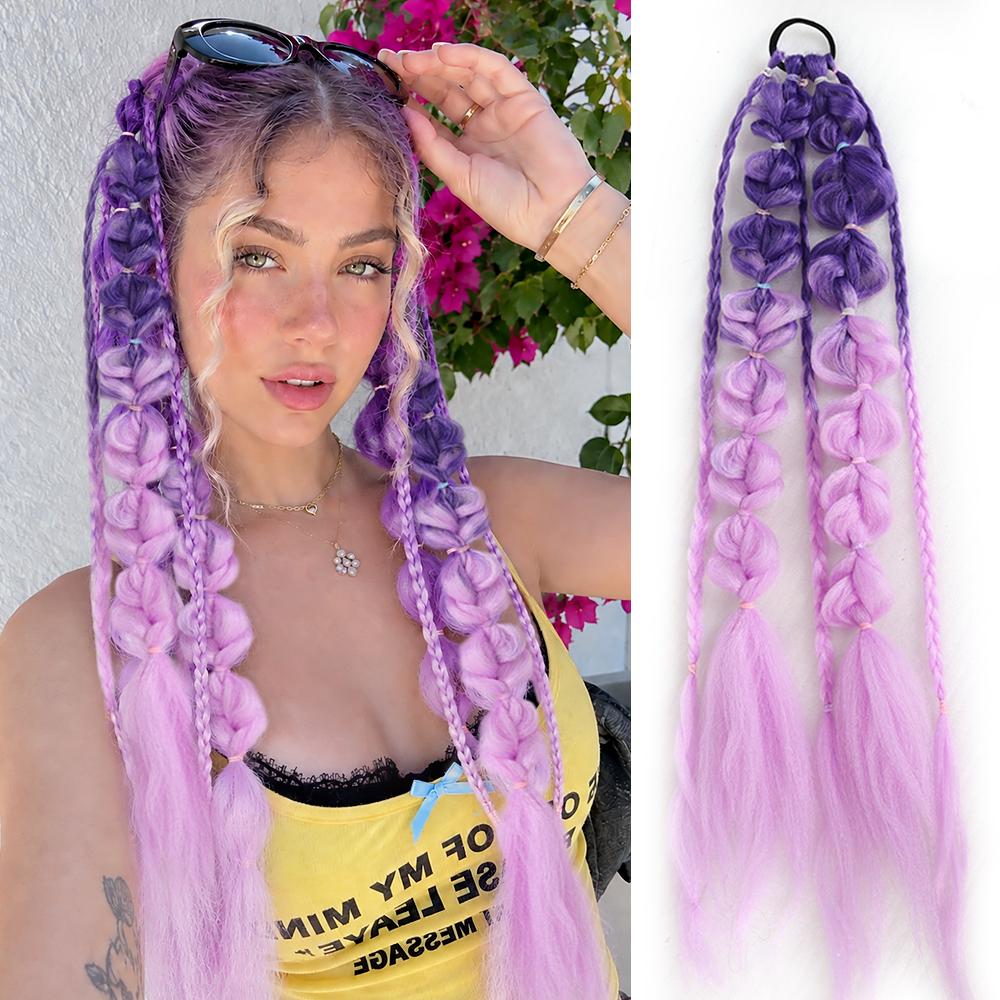 24 Inch Synthetic Gradient Corlorful Bubble Braids Ponytail Hair Extensions Rubber Band Style Hairpiece For Party Costume Halloween Wear