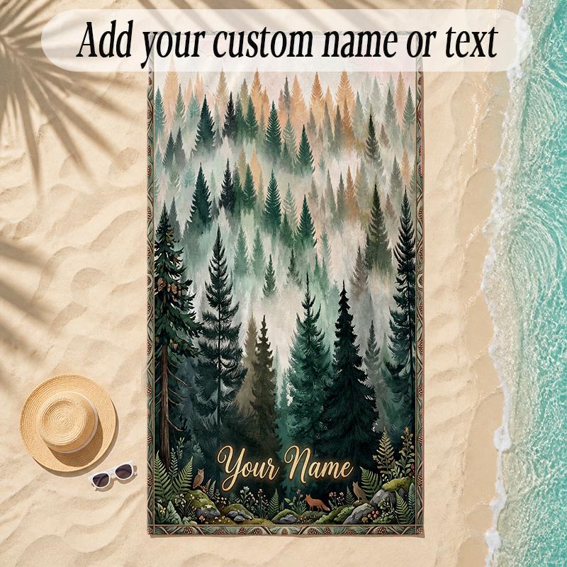Forest Theme Soft Beach Towel Personalized Custom Name Text Towel Portable for Beach Pool Travel