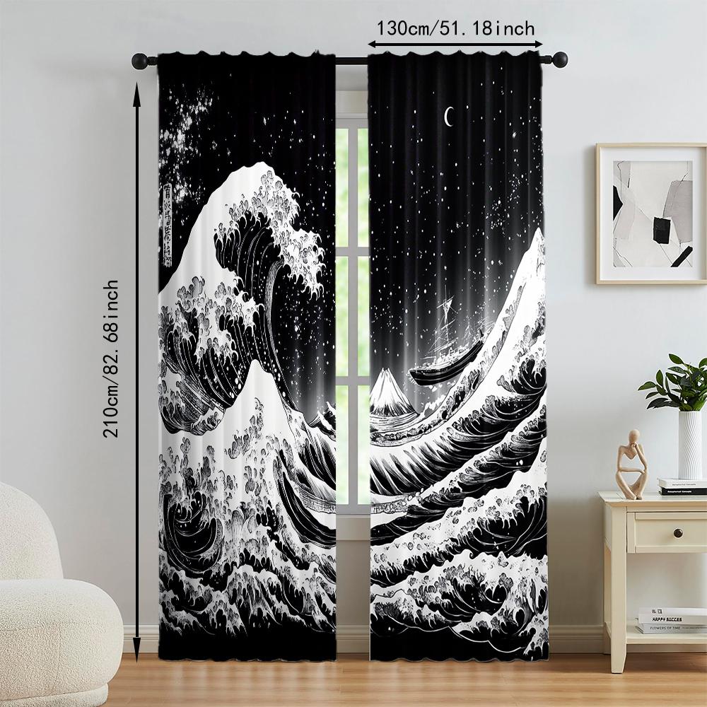 2 Pcs   Versatile Polyester Transparent Curtains for Home Decoration Japanese Wave & Dragon Design for Use In Bedrooms and Living