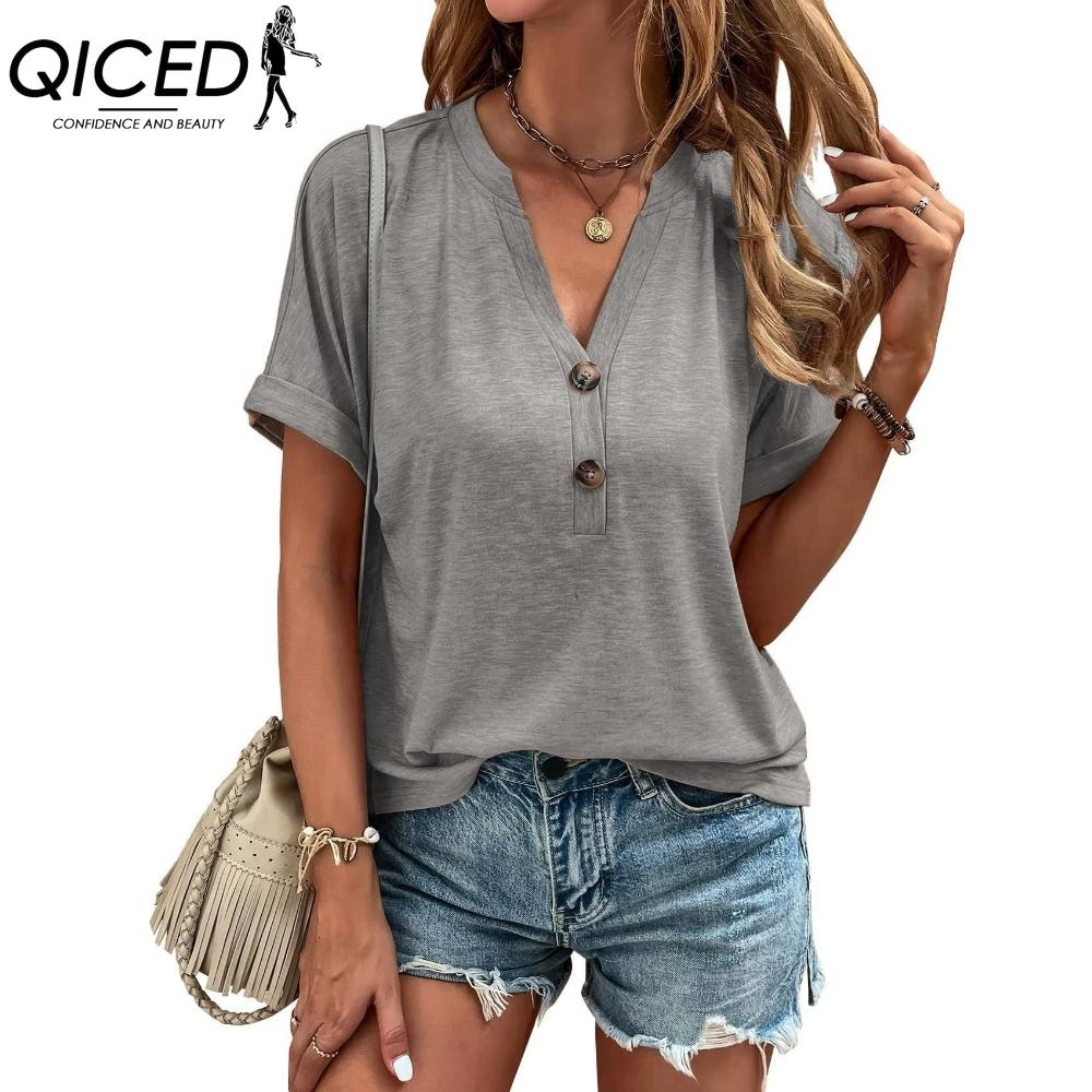 QICED Women's Fashion Casual Solid Color Print Short Sleeve V Neck Blouses & Shirts