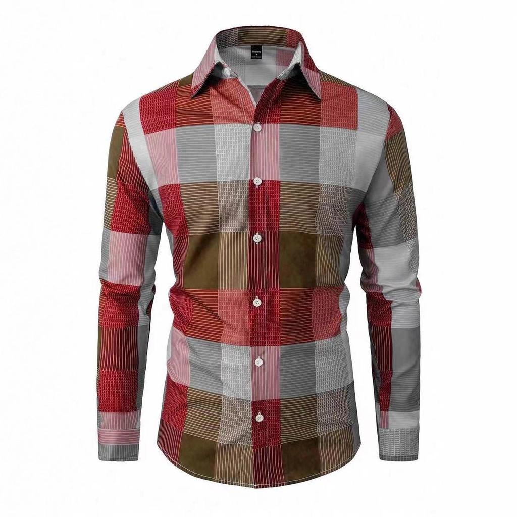 Men's Plaid Pattern Digital Print Long-Sleeve Button-Up Shirt for Autumn and Winter