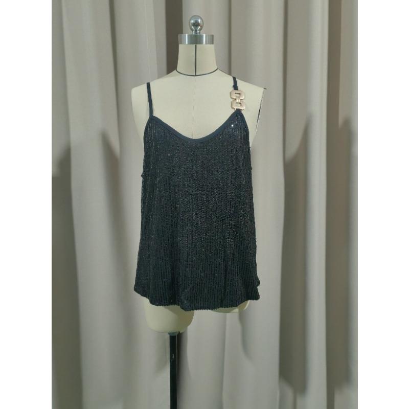 Nuovo Canottiere Gilet con Scollo a V e Paillettes per Donne Sexy Maglia Base Capospalla Senza Maniche Top a Canotta Larghi Moda Dolce Elegante Camicetta
