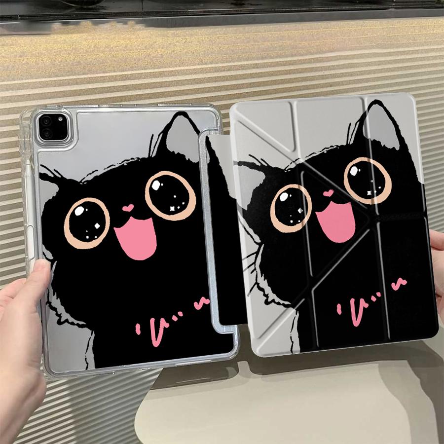 Cute Little Black Cat Y-Fold Holder Cover Tablet Case For iPad Pro 2025 Mini 6 7 Air 4 5 M3 M2 1 2 M4 11inch Pro 11th 10th 9th