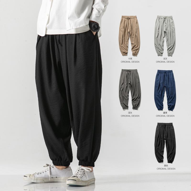 Cotton and linen elastic waist large size Harlan pants retro bloomers Hong Kong style wide leg wide leg leggings