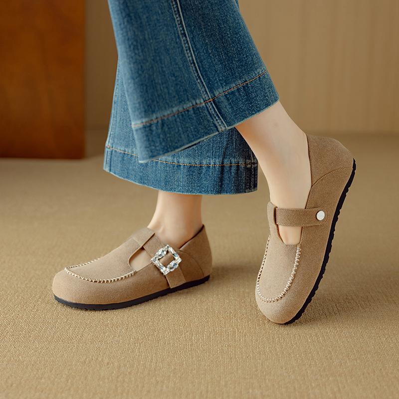 

Fashion 2025 New Spring Cow Suede Leather Woman Shoes Round Toe Women Flats Shoes for Women Flat Heel Loafers Sheepskin Leather Shoes 34 абрикосовый