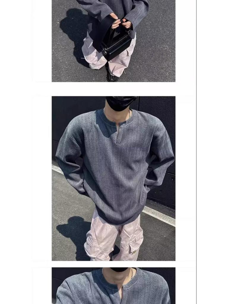 Men's High-End Jacquard Hoodie: Wrinkled Waffle Knit Long Sleeve T-Shirt with Elastic Padded Shoulders