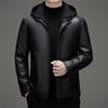 2025 Men's Hooded Leather Down Jacket: Thick, Short Casual Outerwear for Middle-aged and Elderly Dads