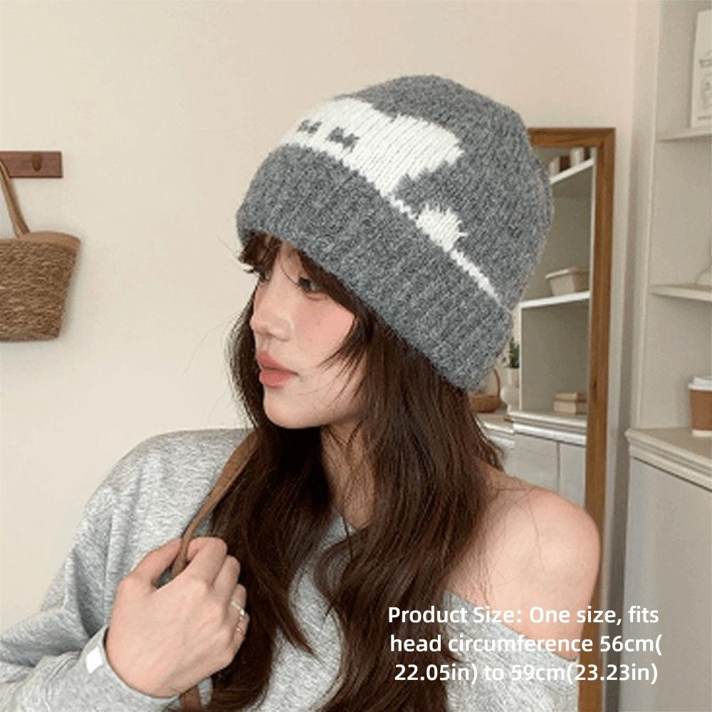 Cat Pattern Warm Knitted Beanie Hat Thick Warm Design Stretchy Beanie Hat  Casual Wear