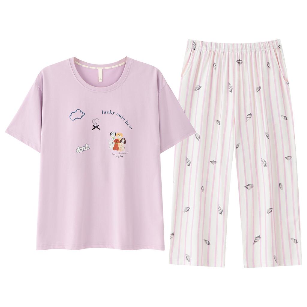 1011 new pajamas with chest pads women's summer pure cotton short-sleeved cropped pants loungewear anti-bumping outer wear pullover set