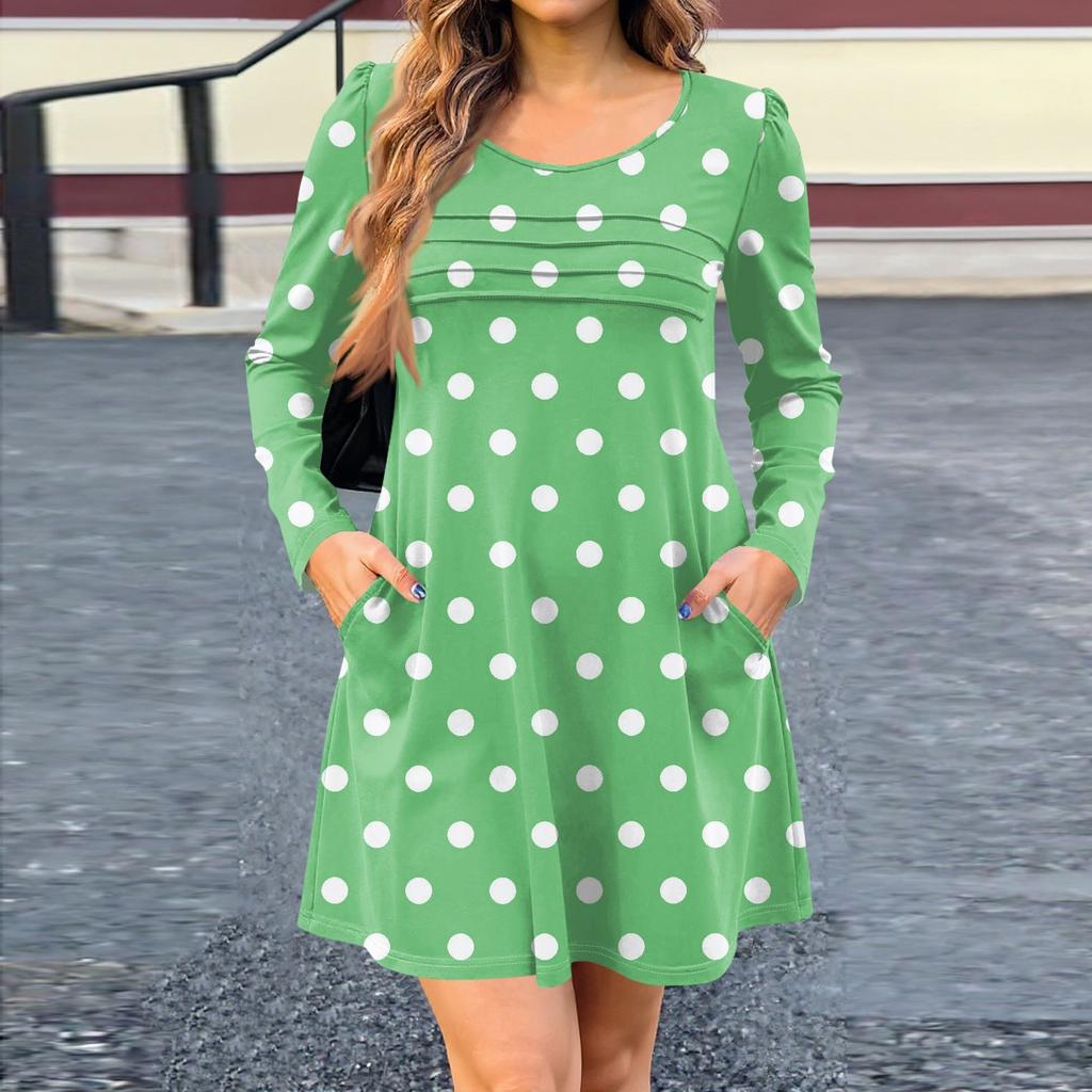 Women's Long Sleeve Dress Fall Casual T Shirt Loose Fit Pleated Front Dresses With Pockets