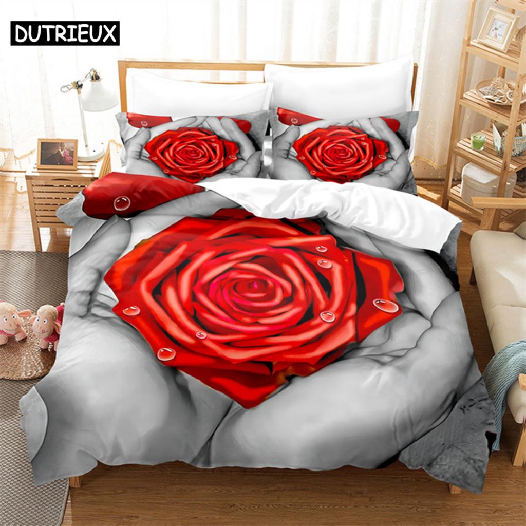 Flower Duvet Cover Set Double Bed Single Red Rose Quilt Cover Thin 3D Comforter Bedding Sets 3pcs 2Pcs King Size Full Wedding