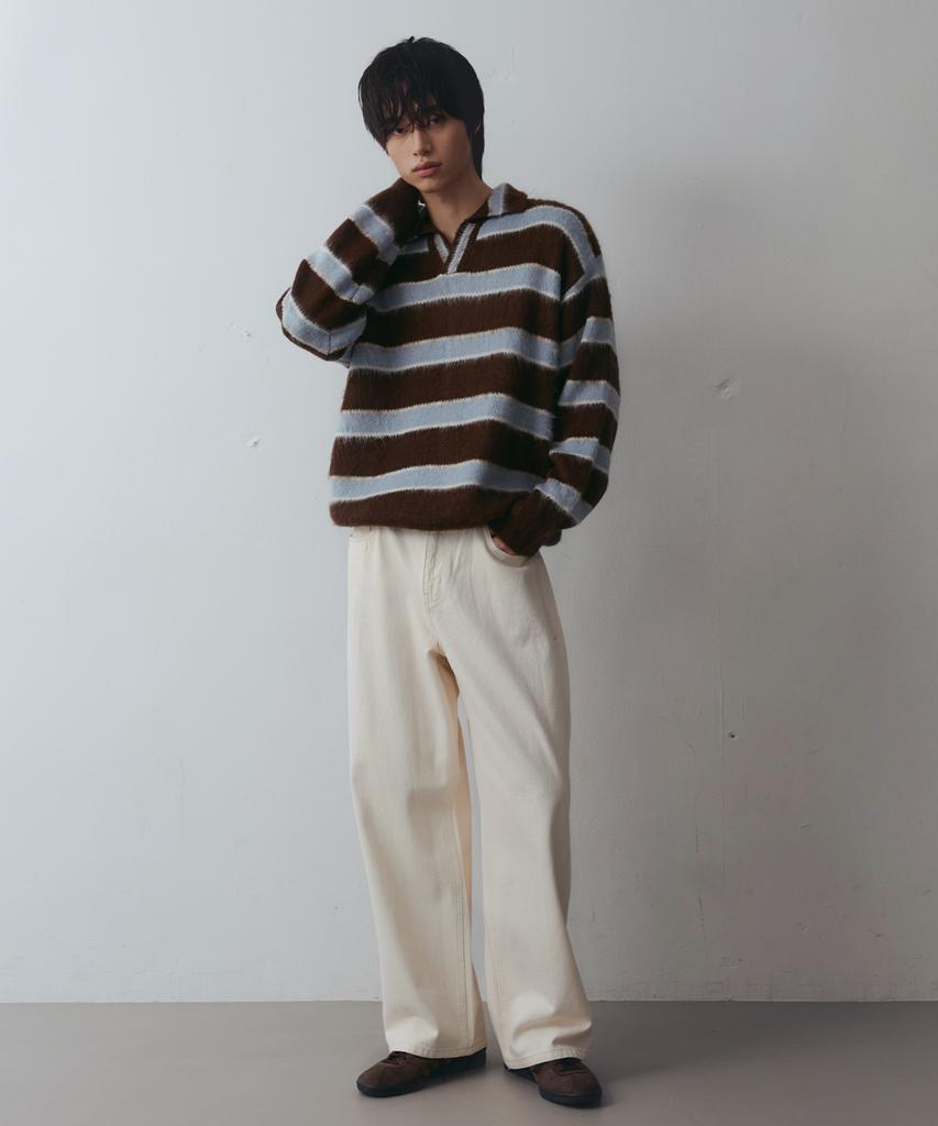 NODU Open Collar Striped Brush Knit [Brown]