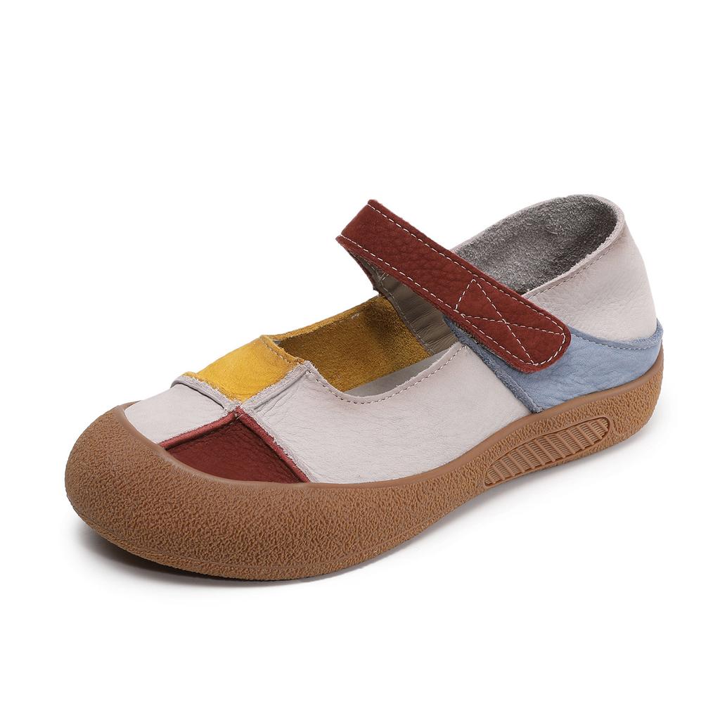 Johnature Genuine Leather Mixed Colors Soft Soled Women's Shoes Retro Round Toe Shallow Flat Shoes