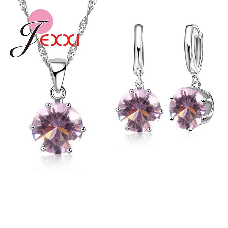 New Fashion 925 Silver Color Shiny Crystals Rhinestones Stones Woman Earring Necklace Jewelry Set 16 Colors