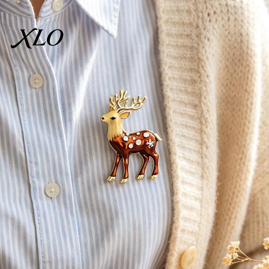 Mini Reindeer Brooch Christmas Pin, Rhinestone Elk Lapel Sweater Alloy Cardigan Coat Suits Accessories, Jewelry Gift for Xmas