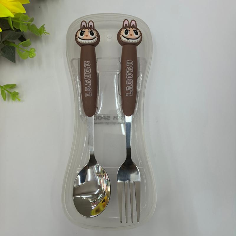 

Мультяшный набор детской посуды из нержавеющей стали большого размера Labubu, набор из двух предметов, детская посуда, портативная вилка, ложка, детские товары темно-коричневого