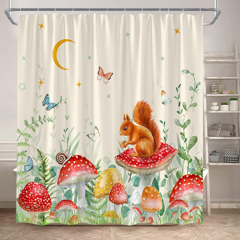 Rustic Mushroom Shower Curtain Floral Plant Leaves Moth Dragonfly Black Bathroom Curtains Polyester Fabric Home Decor with Hooks