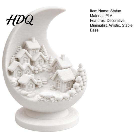 Study Room Desk Sculpture 3D Printed Crescent Moon and Snowy Village Figurine Mini House Statue Unique Resin Craft Ornament with Stable Base,