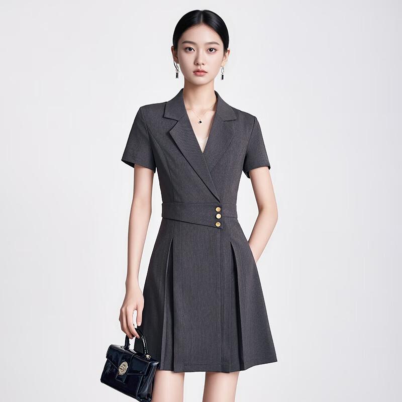 Women's Short Sleeve Pleated A-Line Office Dress