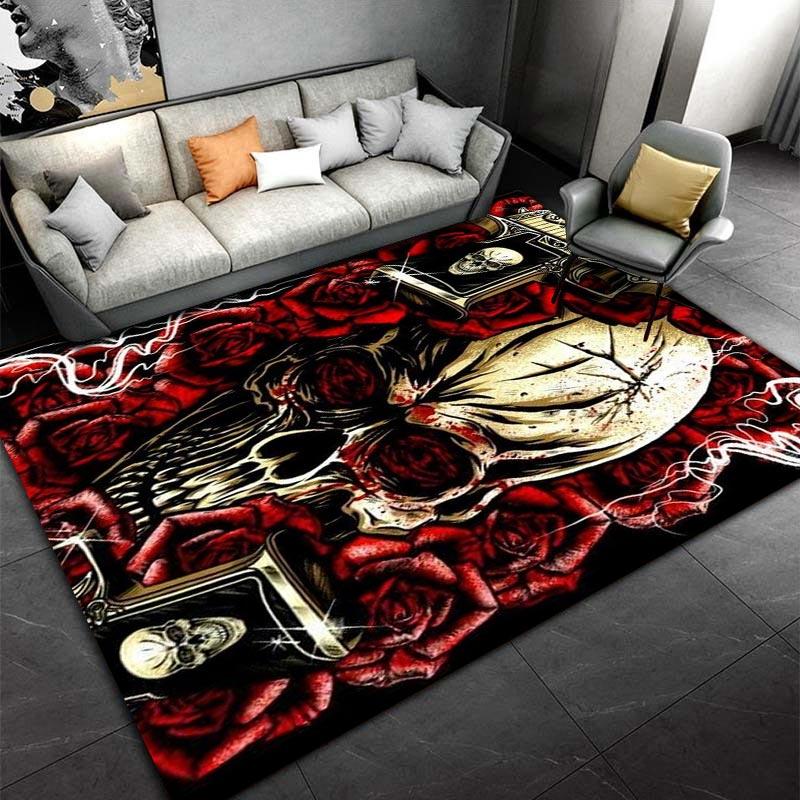 Skull with Red Roses and Guns Design Carpet, Gothic Art Style Decor Suitable for Use As an Anti-slip for Living Room Bedroom Sofas