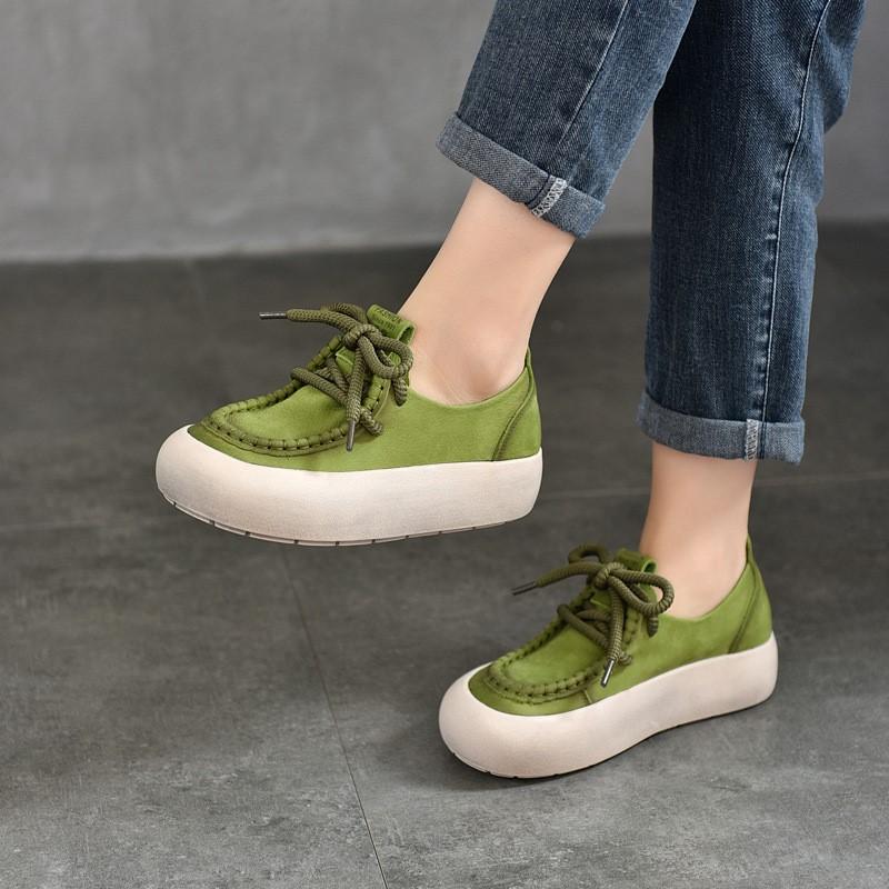 Johnature Genuine Leather Thick Soled Women's Shoes Casual Versatile Solid Color Flat Platform Shoes