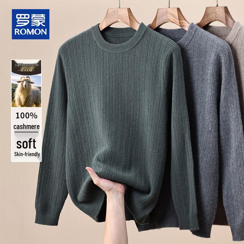 

ROMON Men s 100% Cashmere Round Neck Cable Knit Sweater, Thickened for Autumn/Winter L